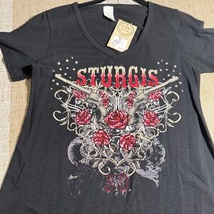 NWT Sturgis Black & Red Guns & Roses studded top size M